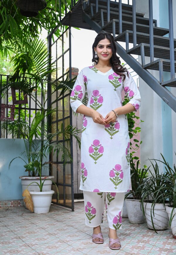 Women's White and Pink Floral Printed Cotton Straight Kurta Set with Pants - Image 9