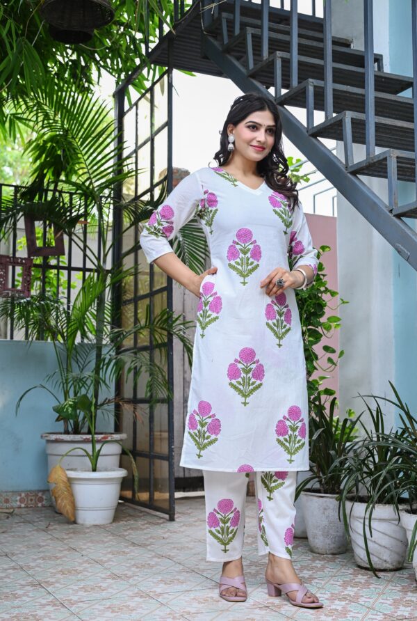 Women's White and Pink Floral Printed Cotton Straight Kurta Set with Pants - Image 8