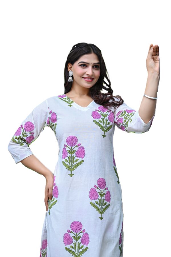 Women's White and Pink Floral Printed Cotton Straight Kurta Set with Pants - Image 6