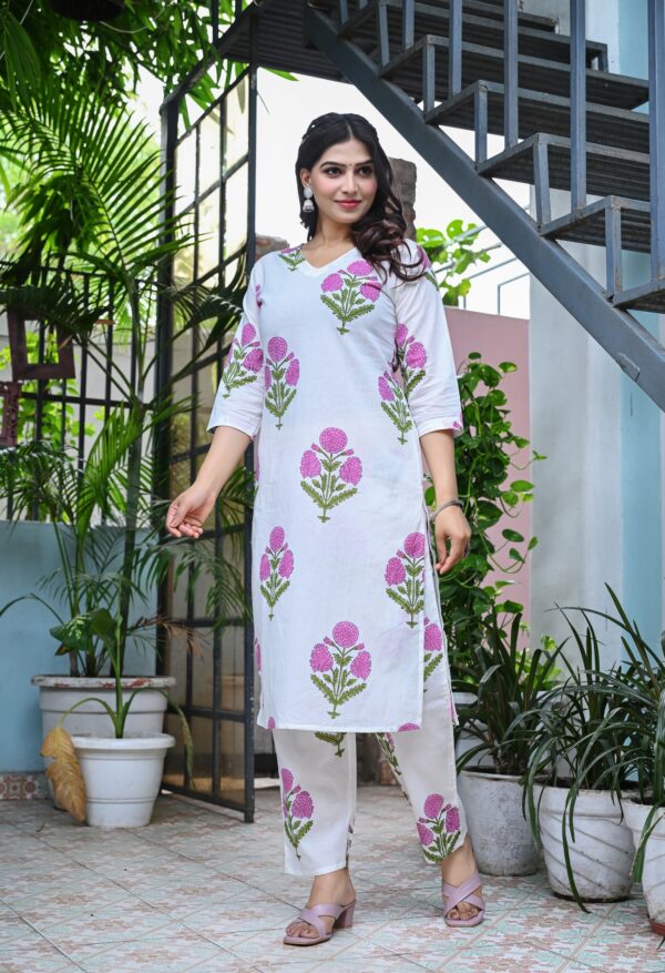 Women's White and Pink Floral Printed Cotton Straight Kurta Set with Pants - Image 3