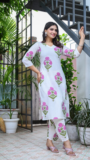 Women's White and Pink Floral Printed Cotton Straight Kurta Set with Pants