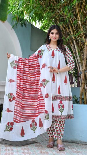Women's White and Maroon Leaf Printed Cotton Anarkali Kurta Set with Dupatta