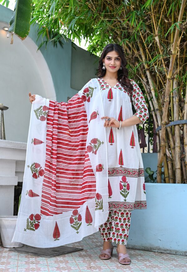 Women's White and Maroon Leaf Printed Cotton Anarkali Kurta Set with Dupatta