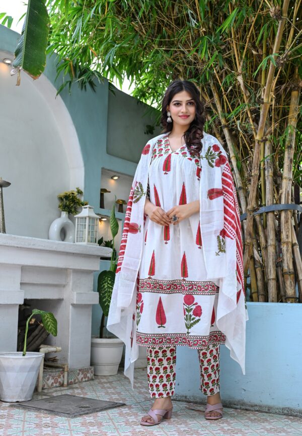 Women's White and Maroon Leaf Printed Cotton Anarkali Kurta Set with Dupatta - Image 4