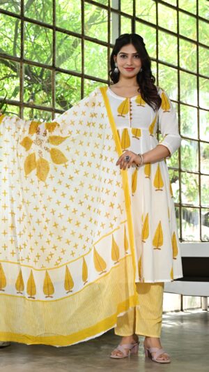 women's White & Yellow Leaf Printed Anarkali Kurta Set with Dupatta