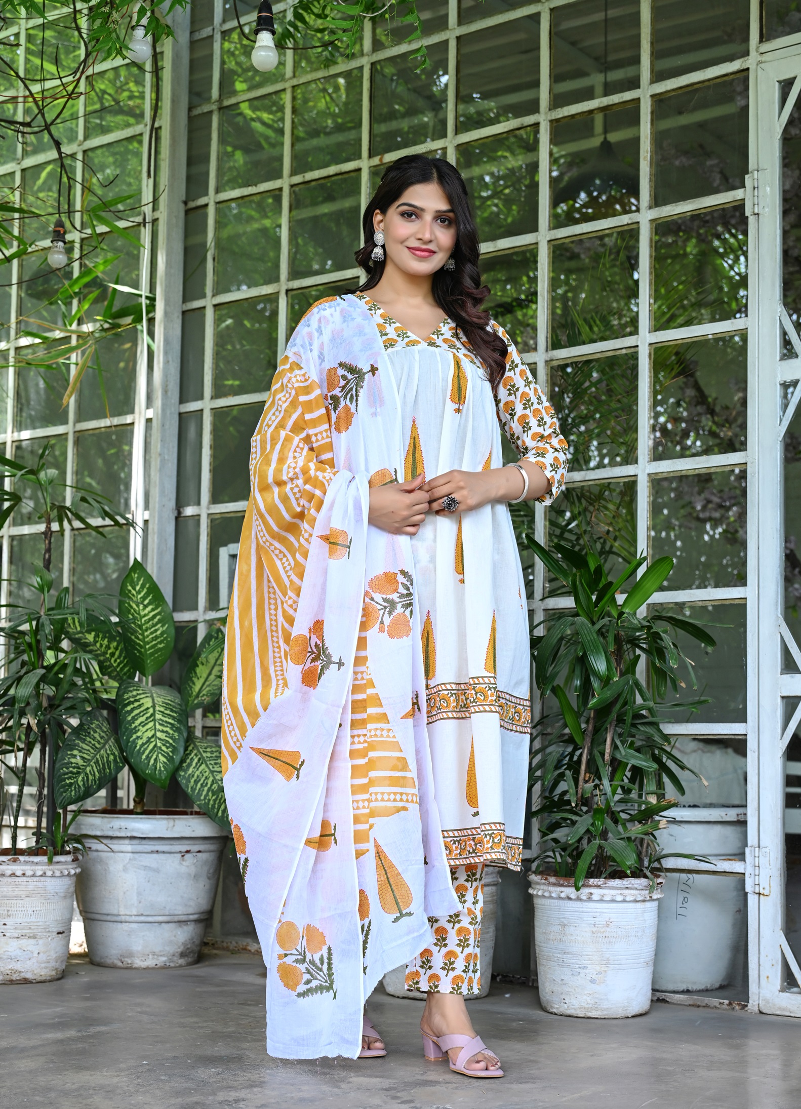 Women's White & Yellow Leaf Printed Anarkali Kurta Set with Dupatta - Image 8