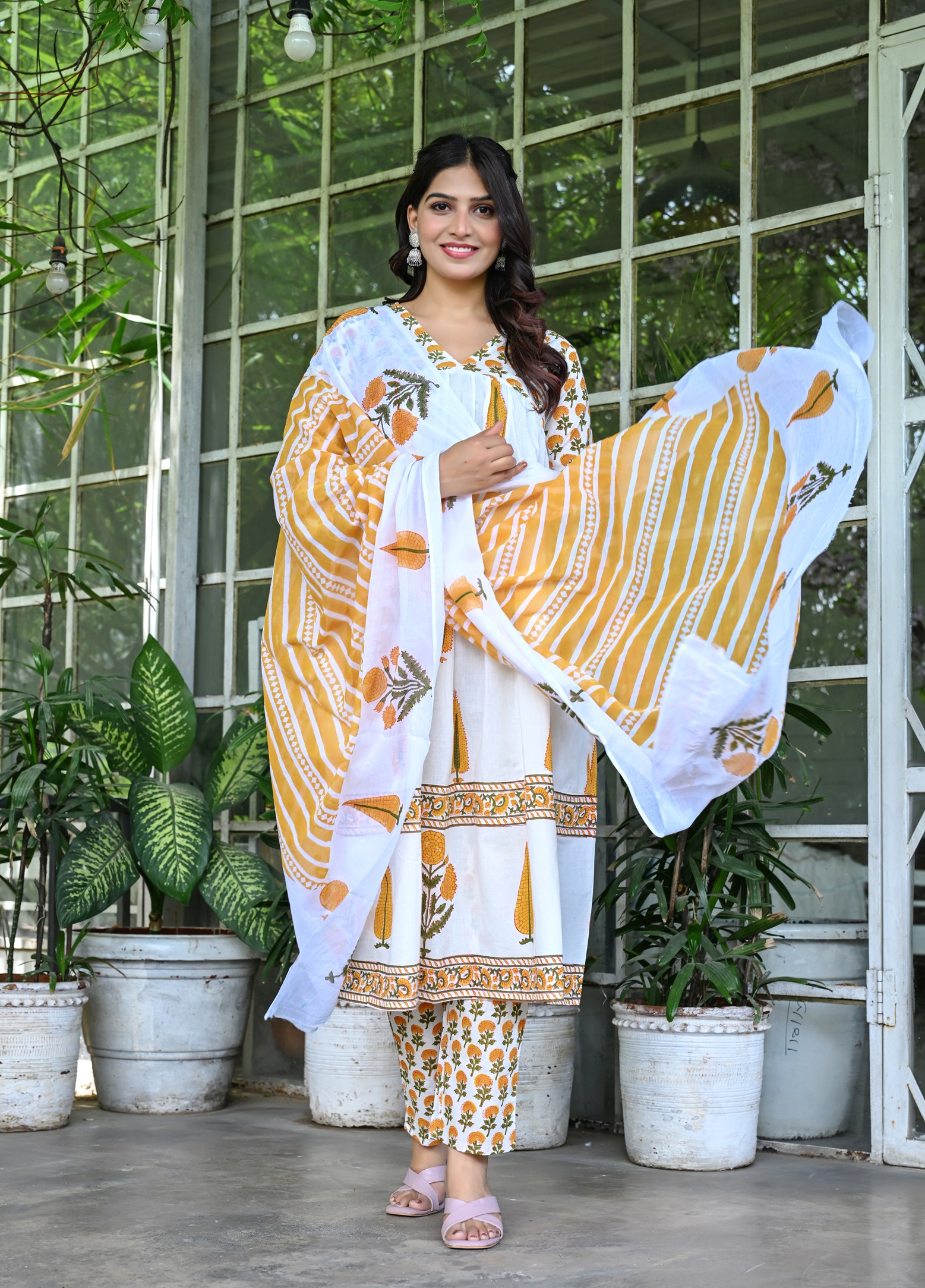Women's White & Yellow Leaf Printed Anarkali Kurta Set with Dupatta