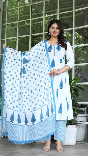 Women's White & Blue Leaf Printed Anarkali Kurta Set with Dupatta