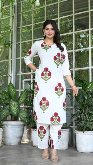 Women's White and Maroon Floral Printed Cotton Straight Kurta Set
