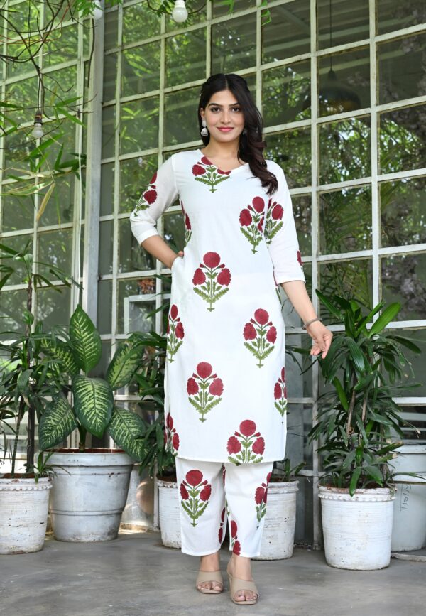 Women's White and Maroon Floral Printed Cotton Straight Kurta Set