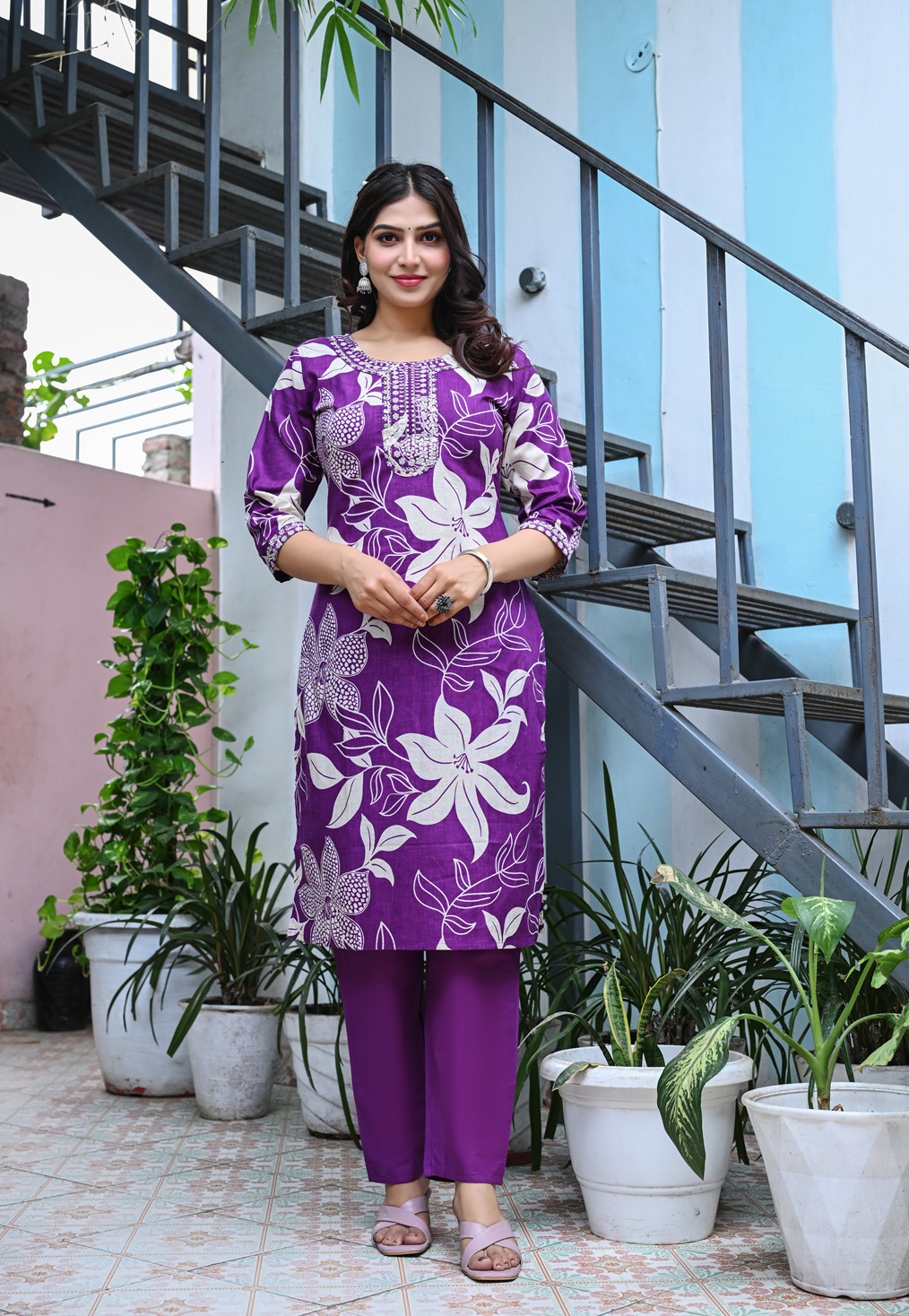 Women's Purple Floral Printed Cotton Kurta Set