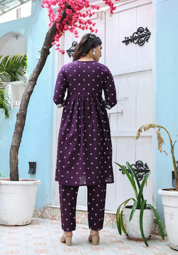 Women's Wine Cotton Floral Printed Kurta Set with Embroidery - Image 6