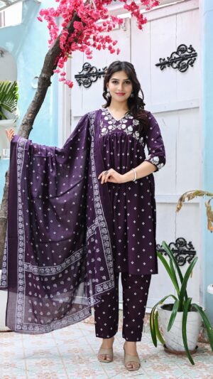 Women's Wine Cotton Floral Printed Kurta Set with Embroidery