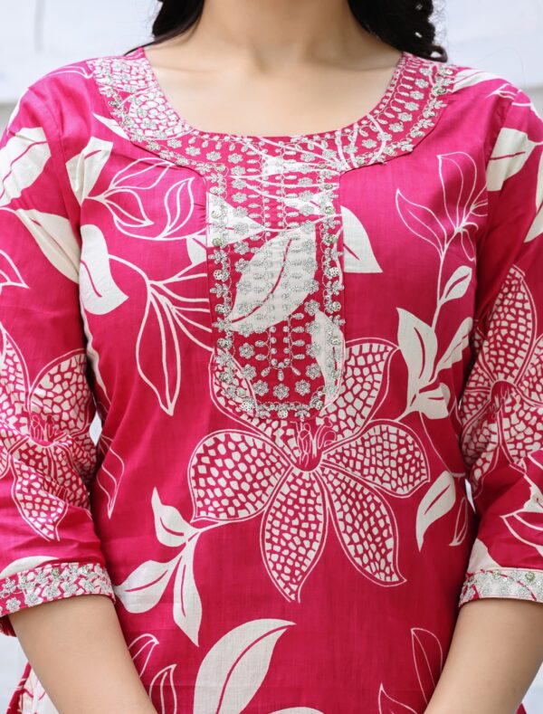 Women's Pink Cotton Kurta Set with White Floral Printed with Dupatta - Image 3