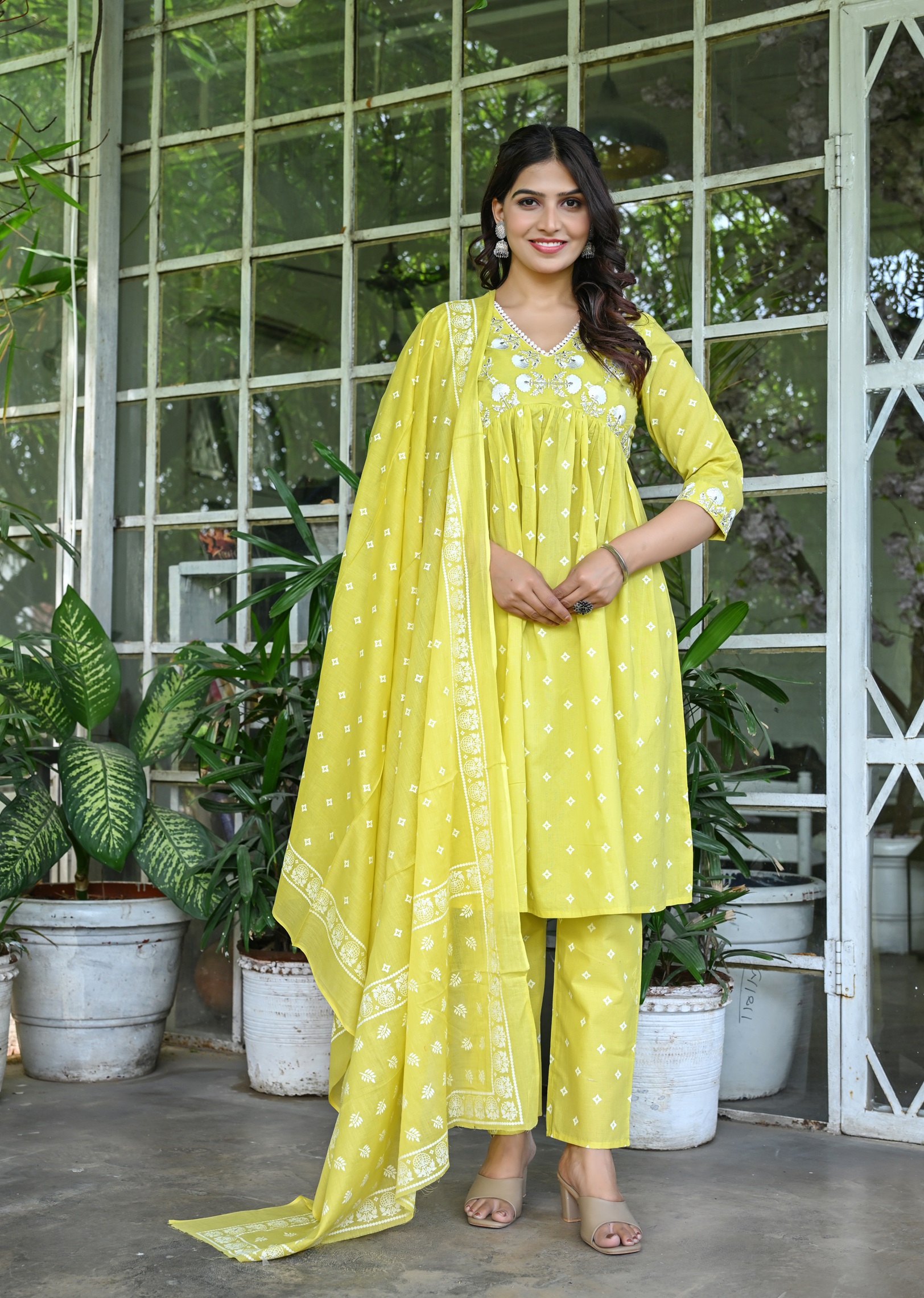 Women's Yellow Cotton Embroidery Kurta Set with Floral Printed and Dupatta - Image 8