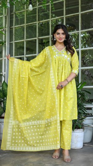 Women's Yellow Cotton Embroidery Kurta Set with Floral Printed and Dupatta