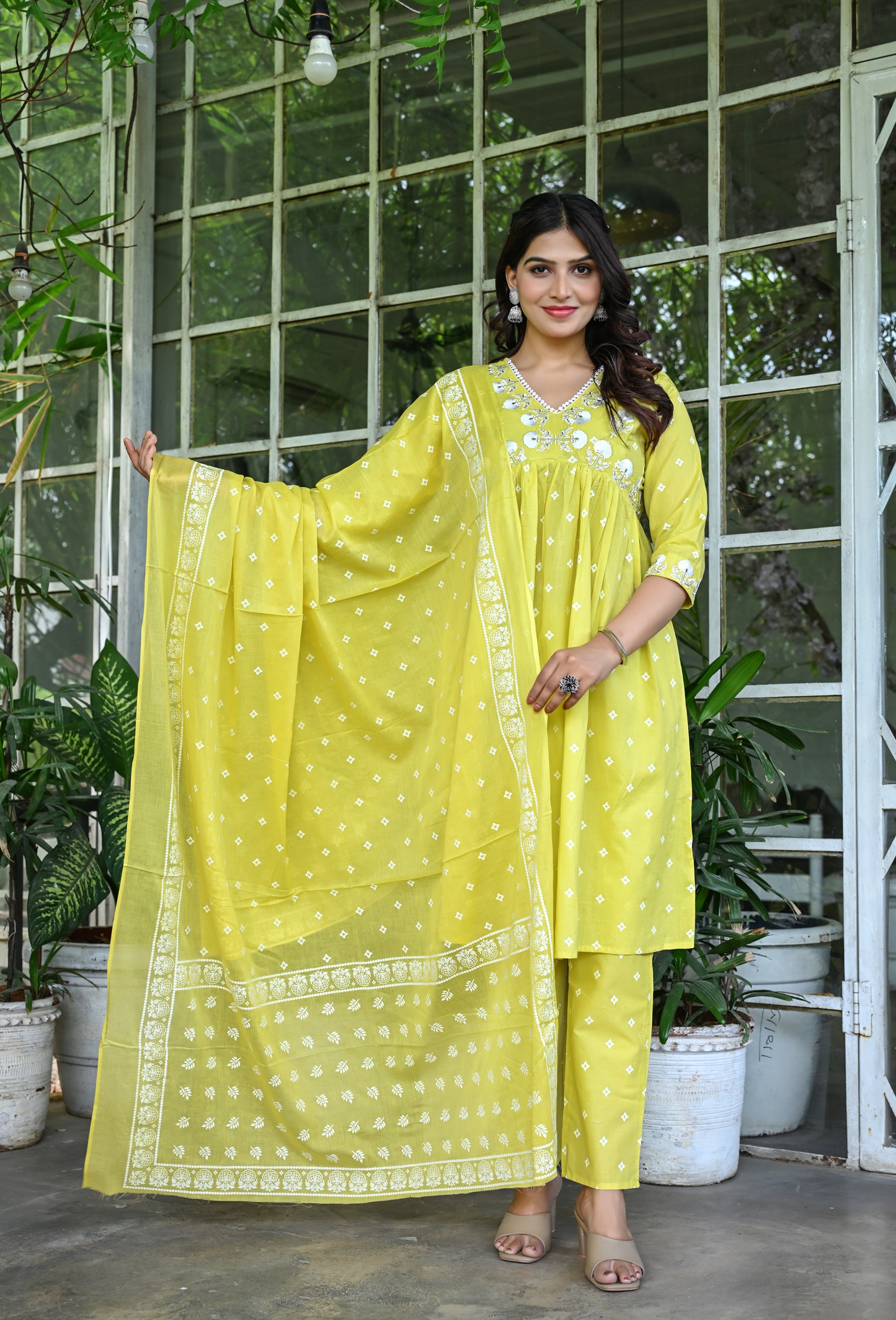Women's Yellow Cotton Embroidery Kurta Set with Floral Printed and Dupatta