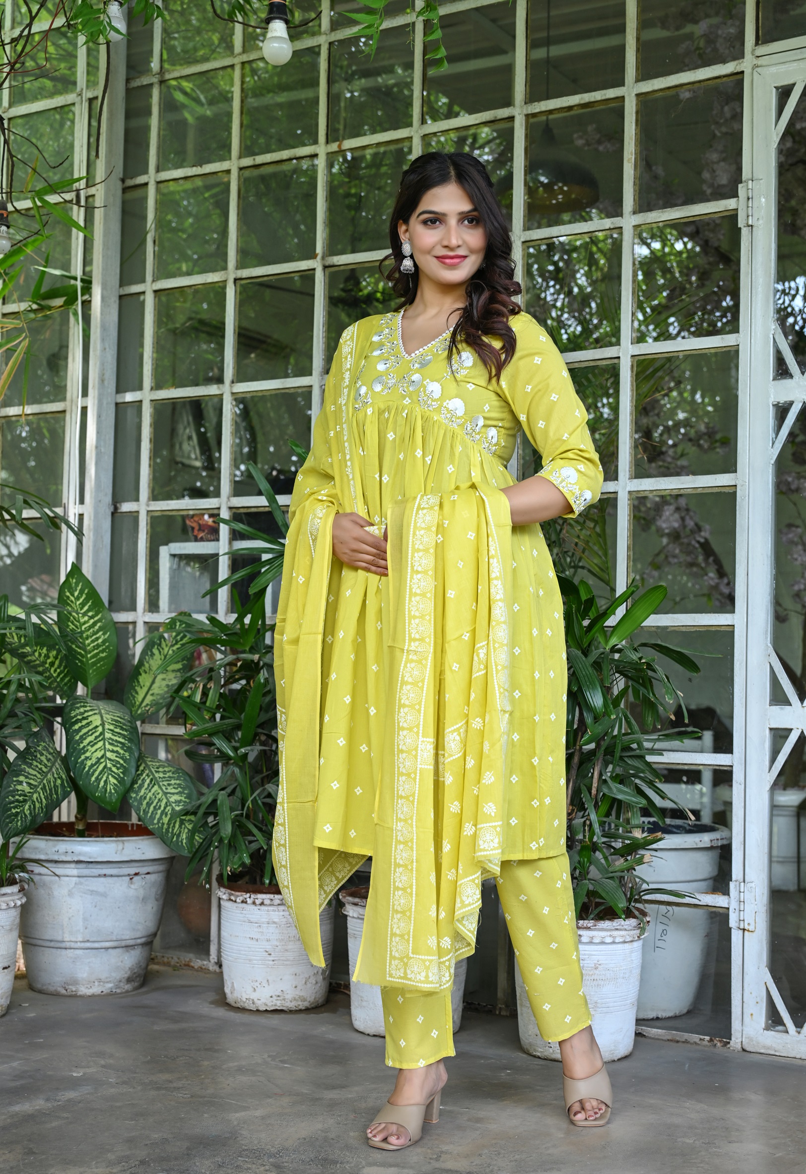 Women's Yellow Cotton Embroidery Kurta Set with Floral Printed and Dupatta - Image 5