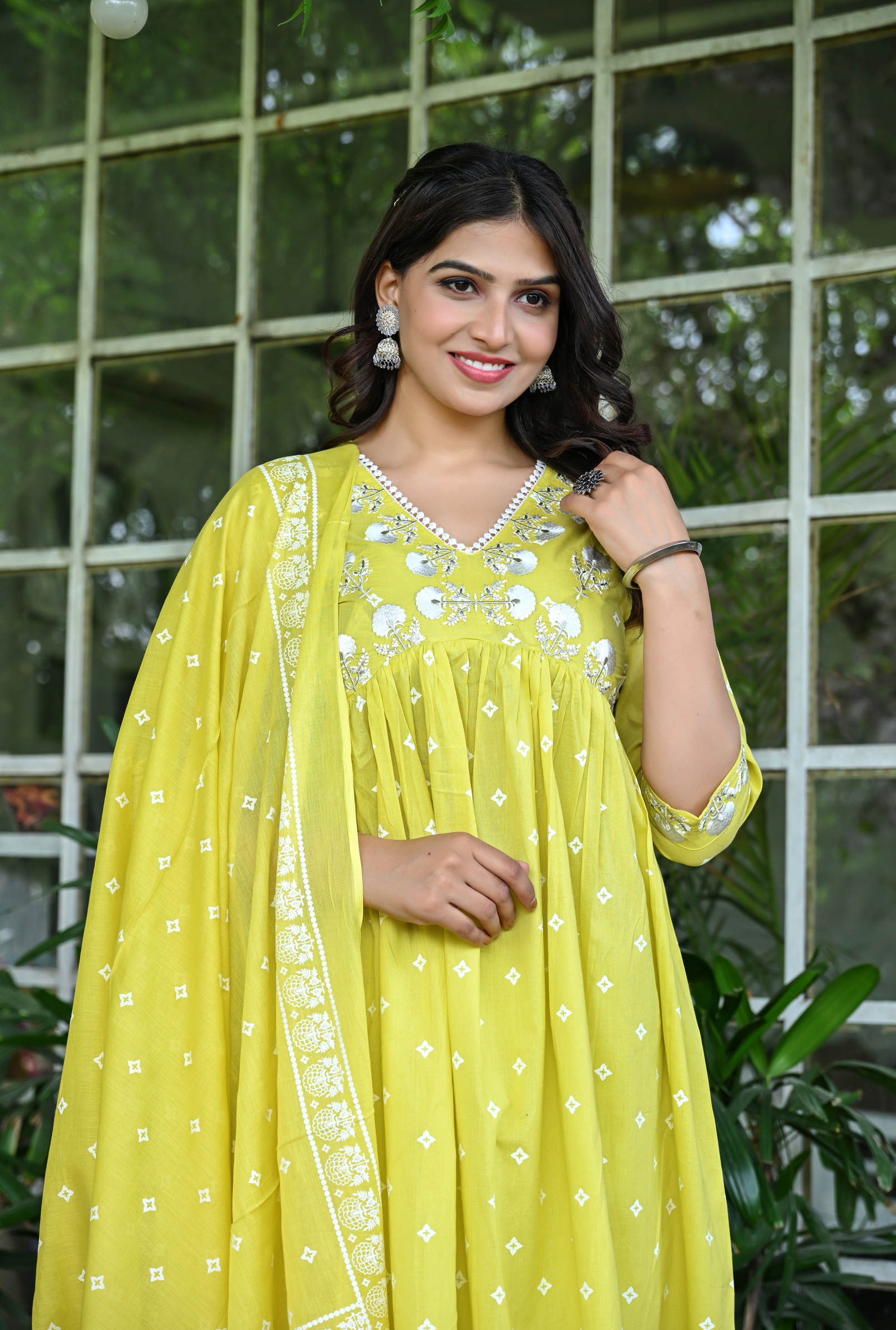 Women's Yellow Cotton Embroidery Kurta Set with Floral Printed and Dupatta - Image 3