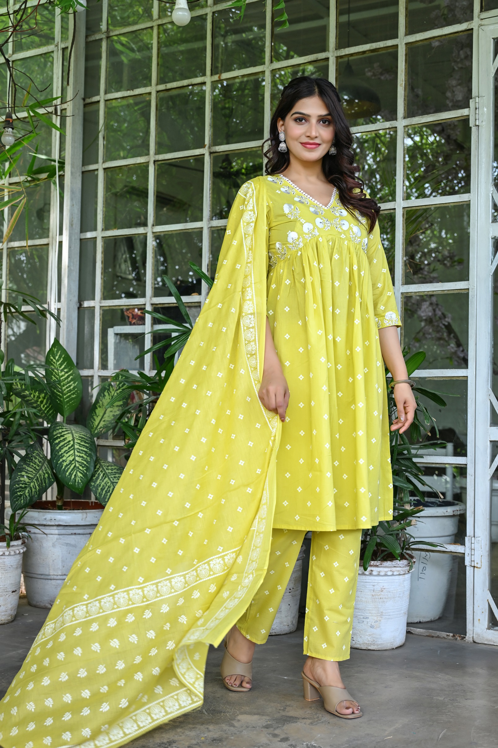 Women's Yellow Cotton Embroidery Kurta Set with Floral Printed and Dupatta - Image 2