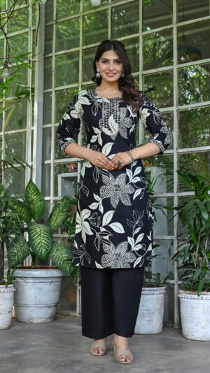 Women's Black Cotton Jaipuri Floral Print Kurta Pant Set