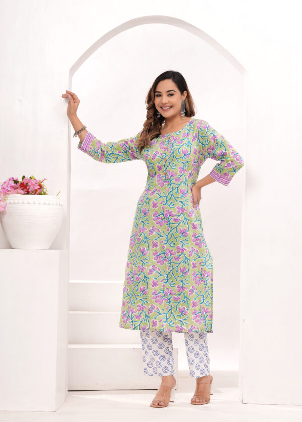 Women’s Green & Lavender Jaipur Hand Block Printed Cotton Kurta Set with Dupatta - Image 7