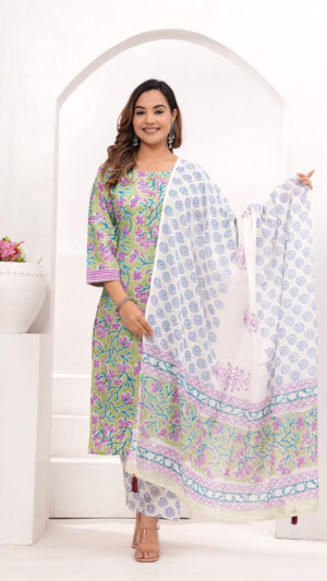 Women’s Green & Lavender Jaipur Hand Block Printed Cotton Kurta Set with Dupatta