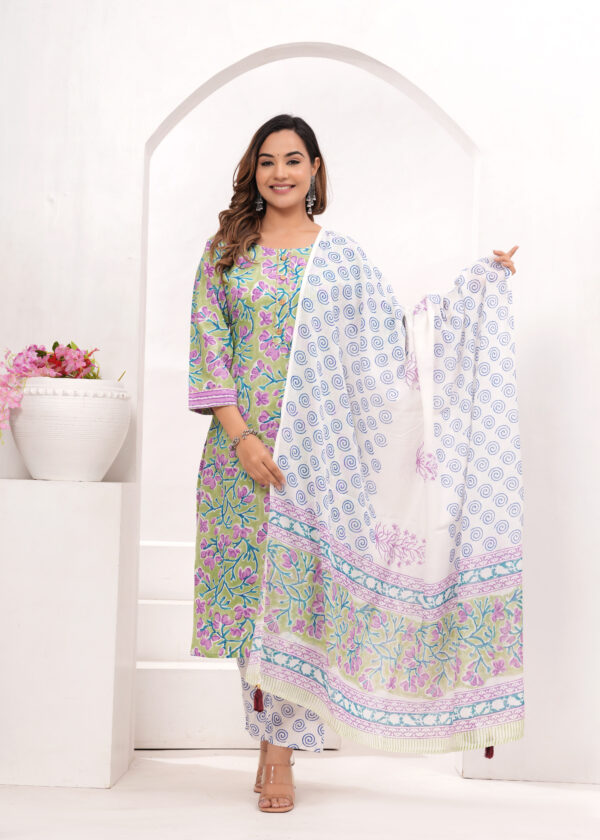 Women’s Green & Lavender Jaipur Hand Block Printed Cotton Kurta Set with Dupatta