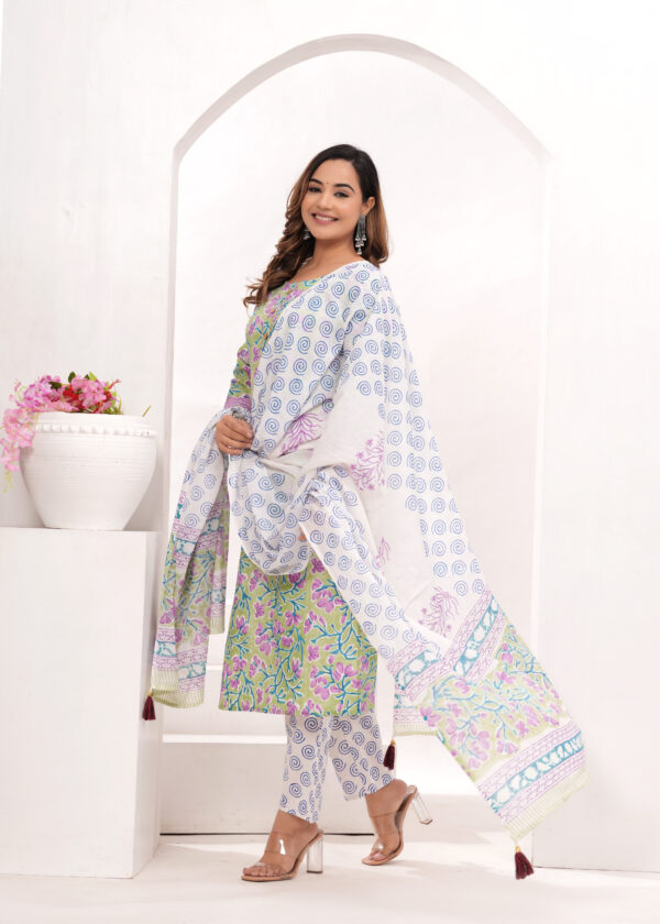 Women’s Green & Lavender Jaipur Hand Block Printed Cotton Kurta Set with Dupatta - Image 6