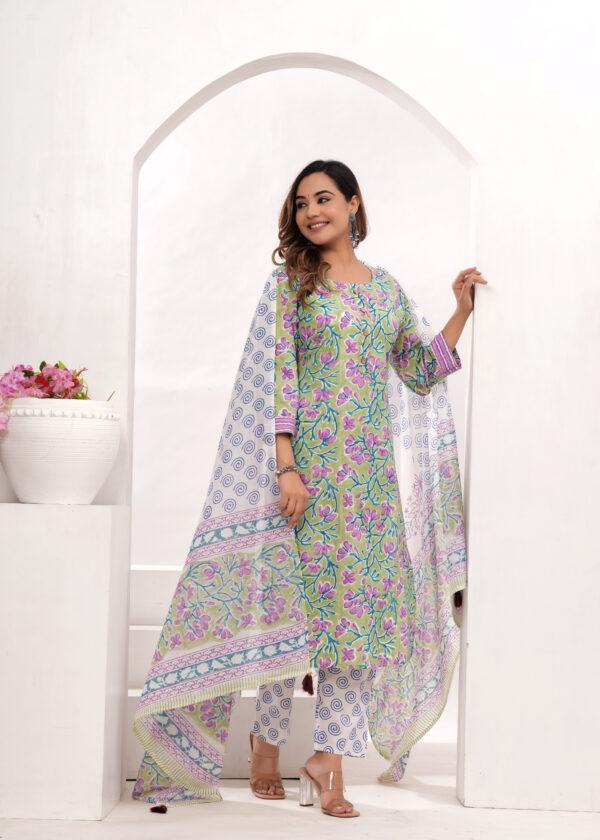 Women’s Green & Lavender Jaipur Hand Block Printed Cotton Kurta Set with Dupatta - Image 5