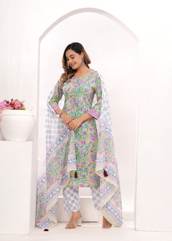 Women’s Green & Lavender Jaipur Hand Block Printed Cotton Kurta Set with Dupatta - Image 4
