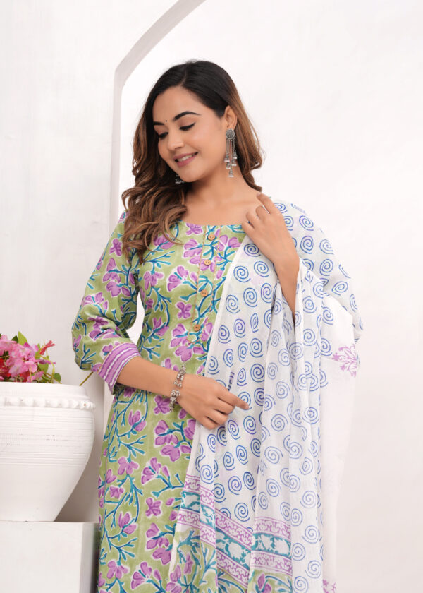 Women’s Green & Lavender Jaipur Hand Block Printed Cotton Kurta Set with Dupatta - Image 3