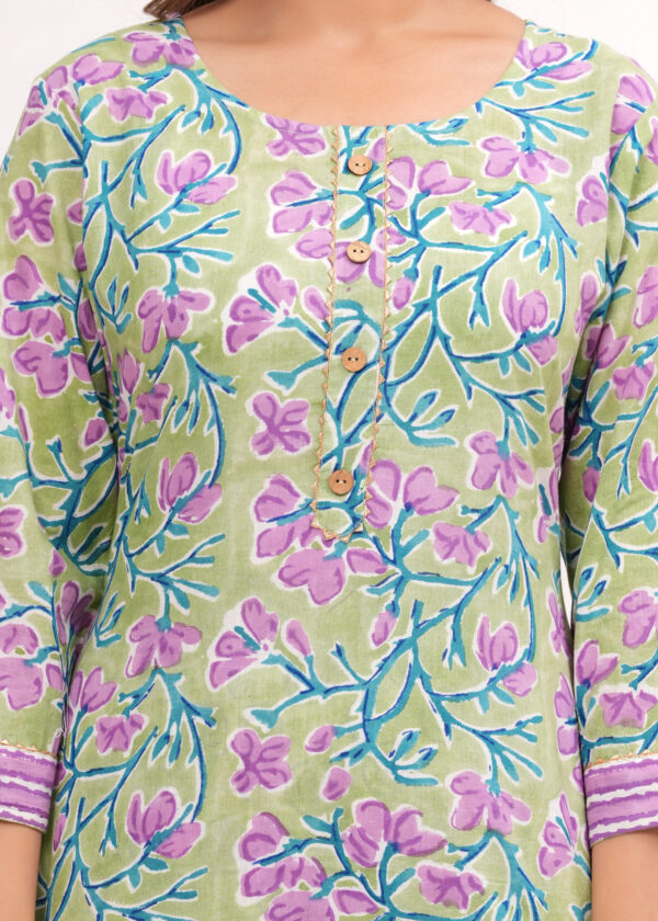 Women’s Green & Lavender Jaipur Hand Block Printed Cotton Kurta Set with Dupatta - Image 2