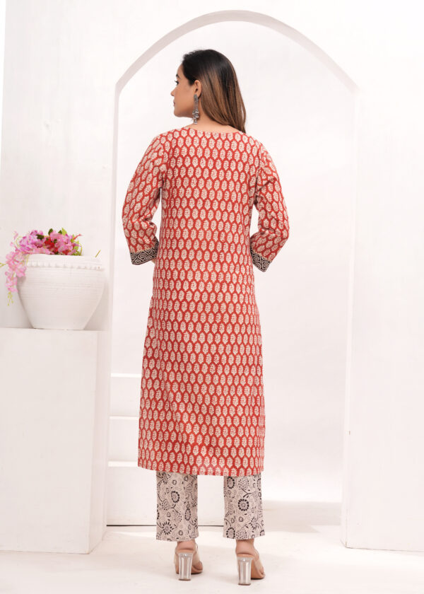 Women’s Red & Beige Jaipur Hand Block Printed Cotton Kurta Set with Dupatta - Image 8