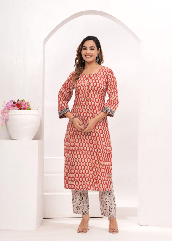 Women’s Red & Beige Jaipur Hand Block Printed Cotton Kurta Set with Dupatta - Image 7