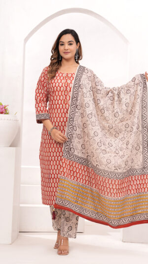 Women’s Red & Beige Jaipur Hand Block Printed Cotton Kurta Set with Dupatta