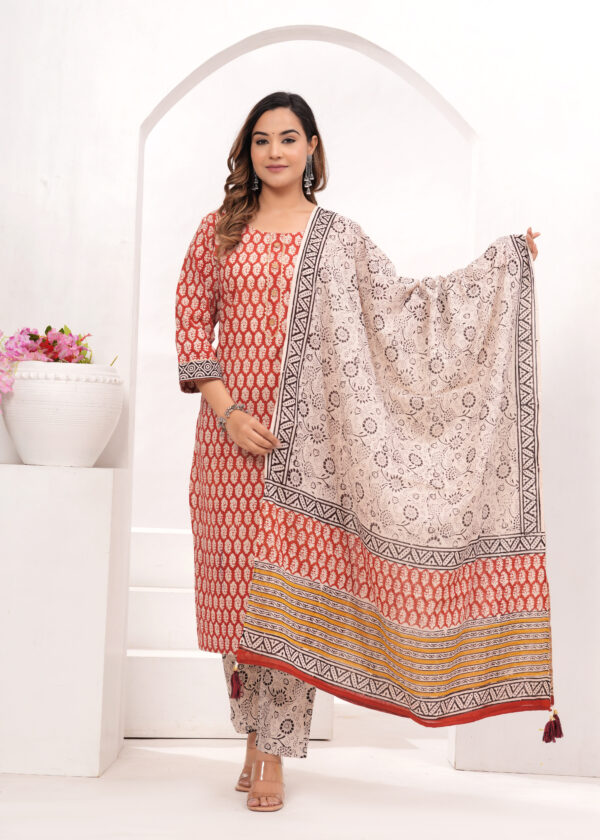 Women’s Red & Beige Jaipur Hand Block Printed Cotton Kurta Set with Dupatta