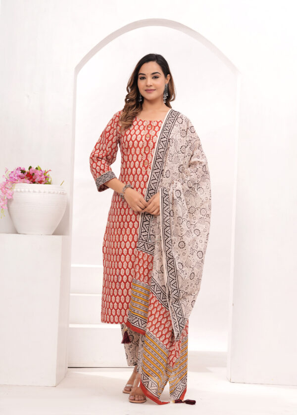 Women’s Red & Beige Jaipur Hand Block Printed Cotton Kurta Set with Dupatta - Image 6