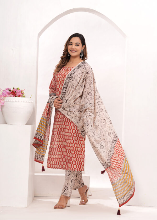 Women’s Red & Beige Jaipur Hand Block Printed Cotton Kurta Set with Dupatta - Image 5