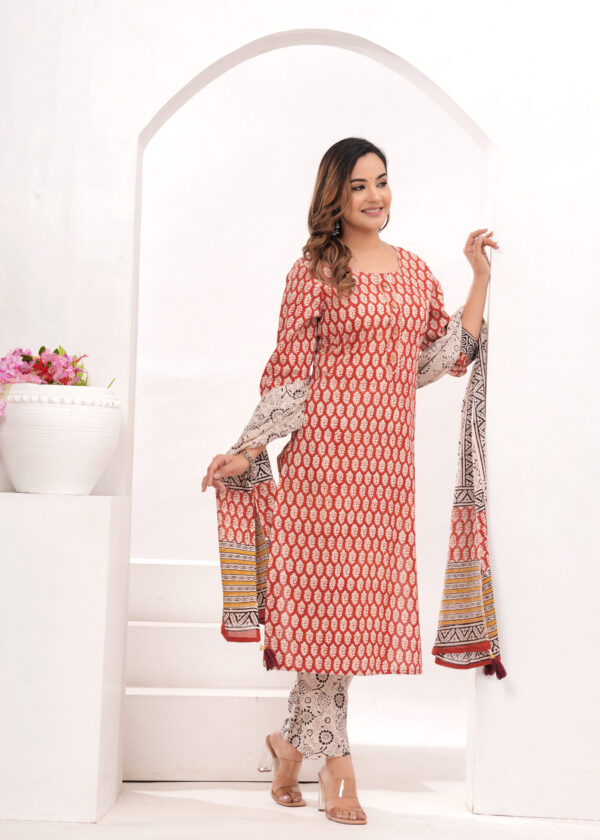 Women’s Red & Beige Jaipur Hand Block Printed Cotton Kurta Set with Dupatta - Image 4