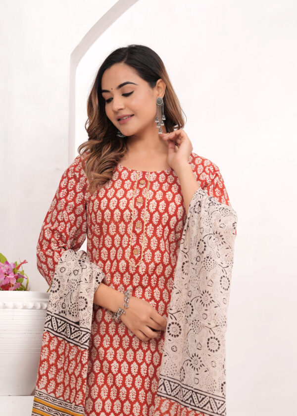 Women’s Red & Beige Jaipur Hand Block Printed Cotton Kurta Set with Dupatta - Image 3