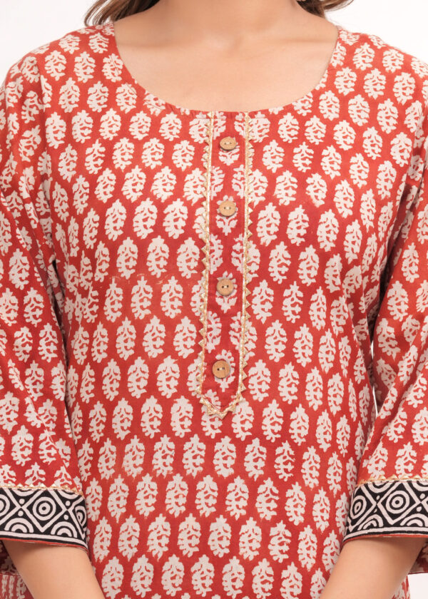 Women’s Red & Beige Jaipur Hand Block Printed Cotton Kurta Set with Dupatta - Image 2