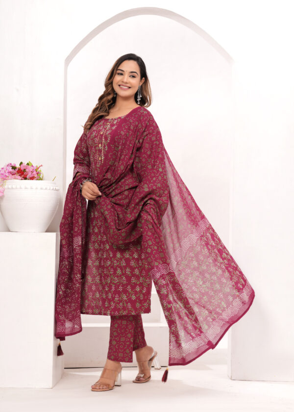 Vasuprada Women’s Wine Jaipur Hand Block Printed Cotton Kurta Set with Dupatta - Image 6