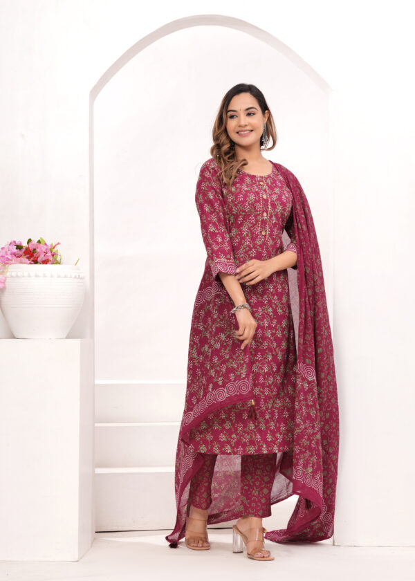 Vasuprada Women’s Wine Jaipur Hand Block Printed Cotton Kurta Set with Dupatta