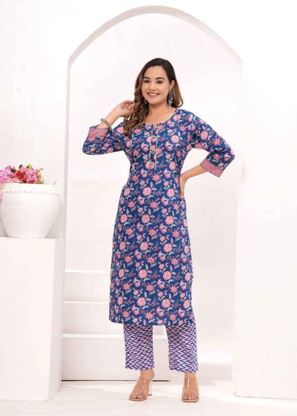 Women’s Navy Blue Jaipur Hand Block Printed Cotton Kurta Set with Dupatta - Image 7