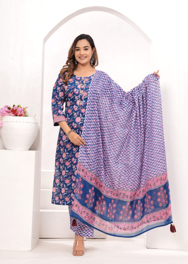 Women’s Navy Blue Jaipur Hand Block Printed Cotton Kurta Set with Dupatta - Image 6