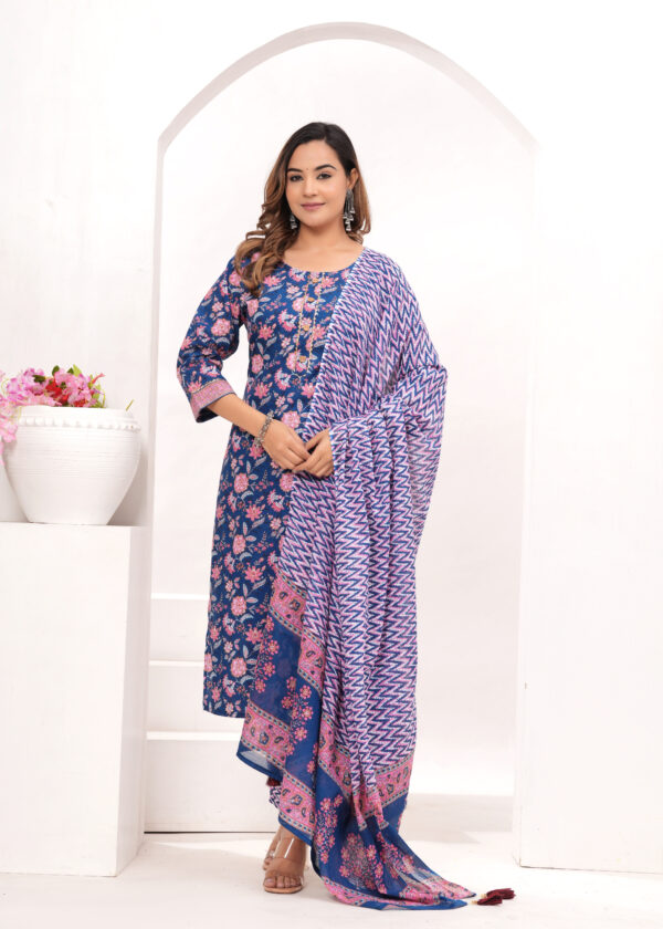 Women’s Navy Blue Jaipur Hand Block Printed Cotton Kurta Set with Dupatta - Image 5