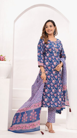 Women’s Navy Blue Jaipur Hand Block Printed Cotton Kurta Set with Dupatta