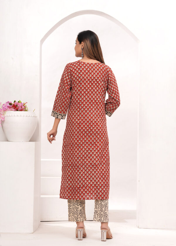 Women’s Red & Beige Traditional Printed Cotton Suit Set with Designer Dupatta - Image 7