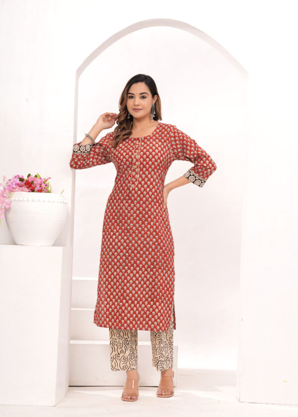 Women’s Red & Beige Traditional Printed Cotton Suit Set with Designer Dupatta - Image 6